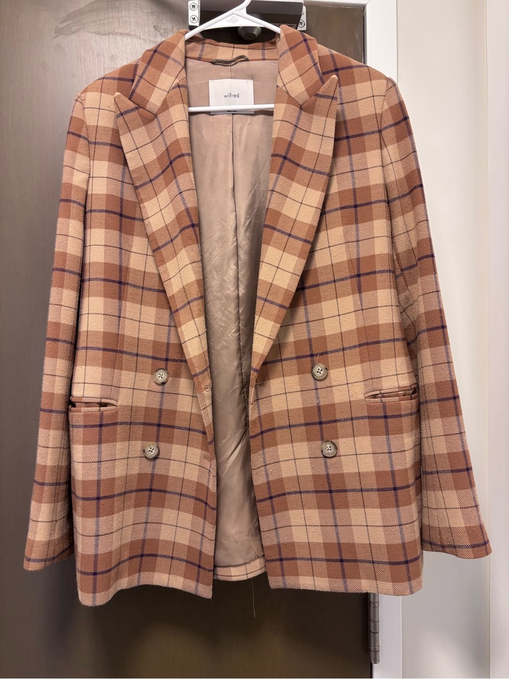 Wilfred Aritzia Beige and Tan Plaid Double-Breasted Blazer